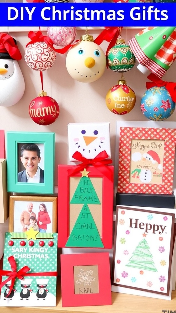 DIY Christmas Gifts for Kids A collection of DIY Christmas gifts including ornaments, picture frames, and holiday cards made by children.